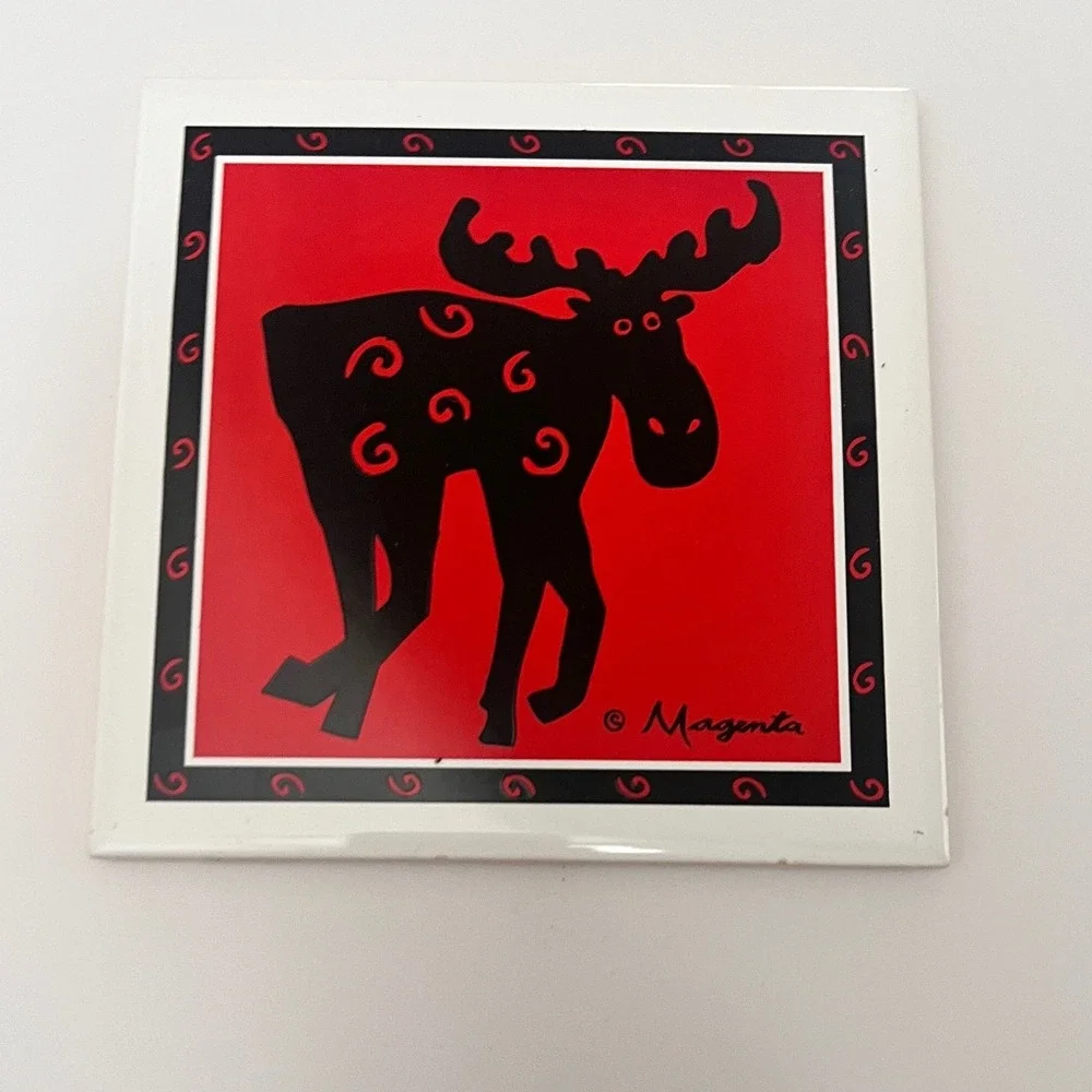Magenta Moose Ceramic Tile Trivet Cork Back Wall Hanging Red Black Lodge Decor